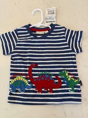 JoJo Maman Bebe Navy & White Striped Dino Appliqué Tee